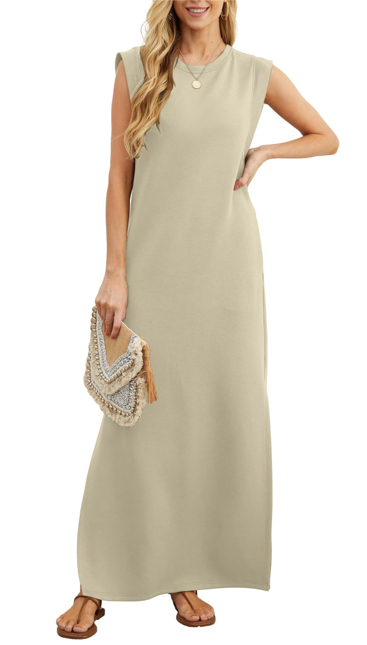 Vestido largo holgado de mujer con abertura y sin pliegues.-ES