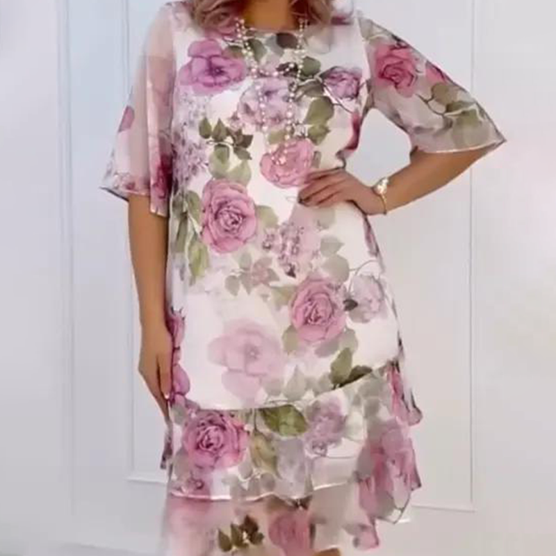 🌺Vestido de gasa rosa con volantes-ES