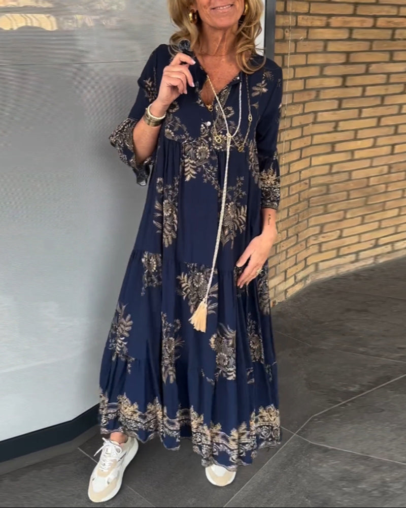 Vestido vintage con escote en pico y corte holgado.-ES