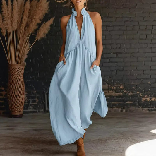 🔥¡Oferta imperdible!🔥 Vestido maxi minimalista con cuello halter 2026 | Vestido de verano holgado e informal con bolsillos para mujer-ES