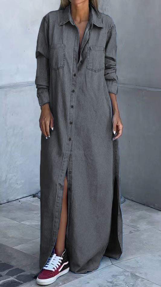 Vestido vaquero con mangas largas y solapas-ES