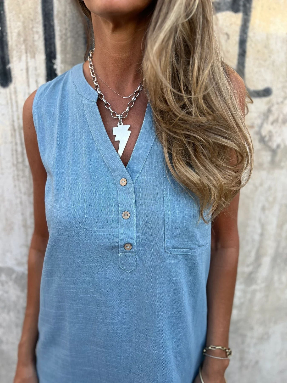 Vestido de algodón y lino de color liso para mujer-ES