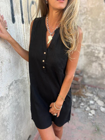 Vestido de algodón y lino de color liso para mujer-ES