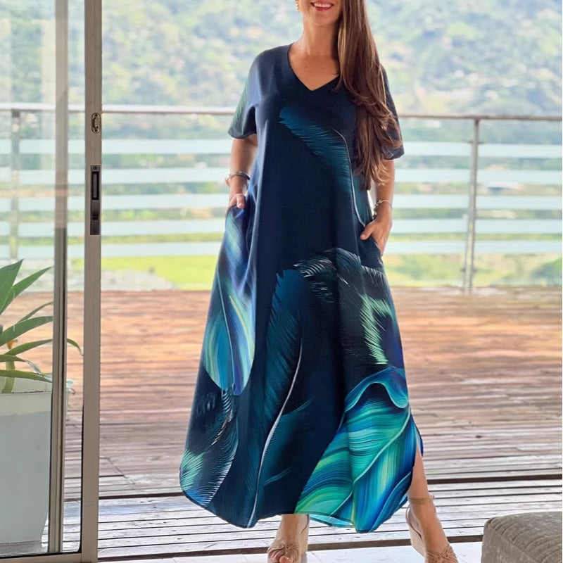 Vestido holgado e informal de mujer con escote en V, estampado y mangas cortas.-ES