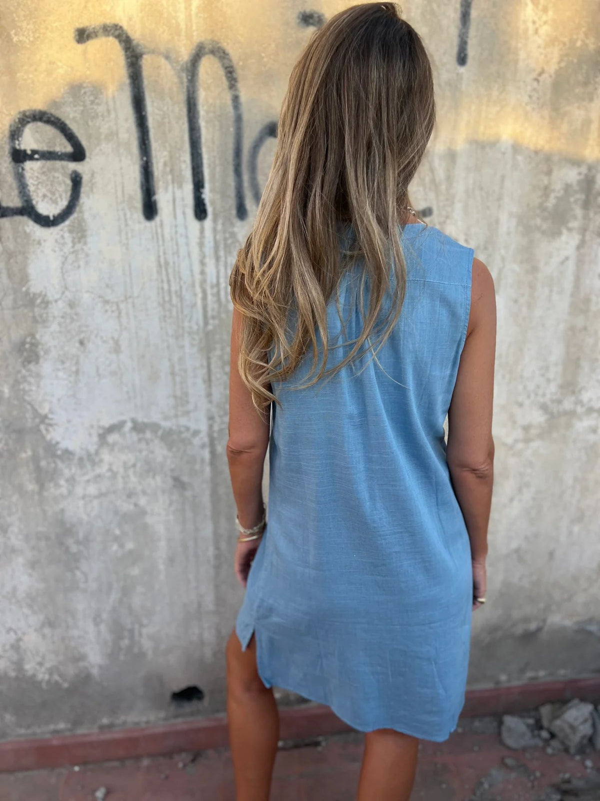 Vestido de algodón y lino de color liso para mujer-ES