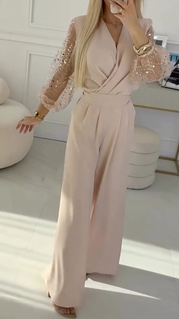 👑Γυναικείο casual κοστούμι με φουσκωτά μανίκια και V λαιμόκοψη, διακοσμημένο με πούλιες-GR