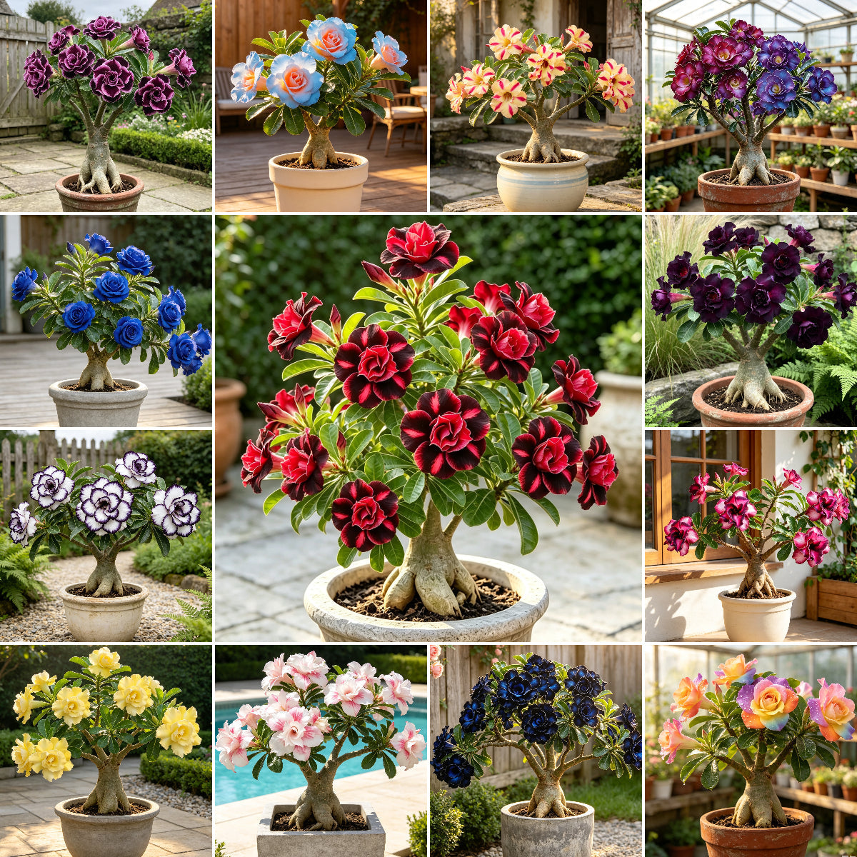 Bulbos de rosa del desierto dobles, raros y multicolores: fáciles de cultivar en jardines domésticos.-ES