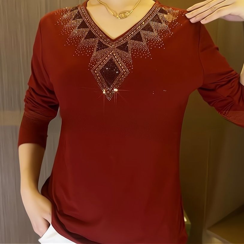 🔥[M-4XL] Υψηλής ποιότητας χειμερινό βελούδινο μπλουζάκι με μακριά μανίκια και κρύσταλλα για το 2024-GR