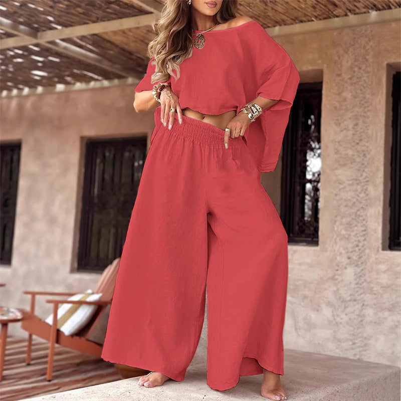 ⏳Oferta especial por tiempo limitado💕 Conjunto de dos piezas para mujer con top con hombros descubiertos y pantalón ancho-ES