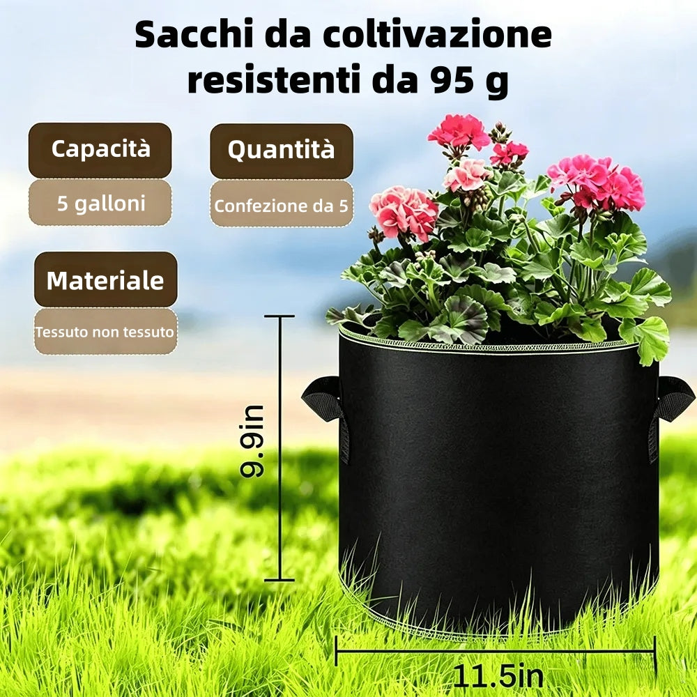 🌱 Paket 5 vrečk za gojenje s prostornino 19 litrov (5 galon) – trpežni, zračni lončki iz blaga z ročaji za zelenjavo, rože in sadje-SI