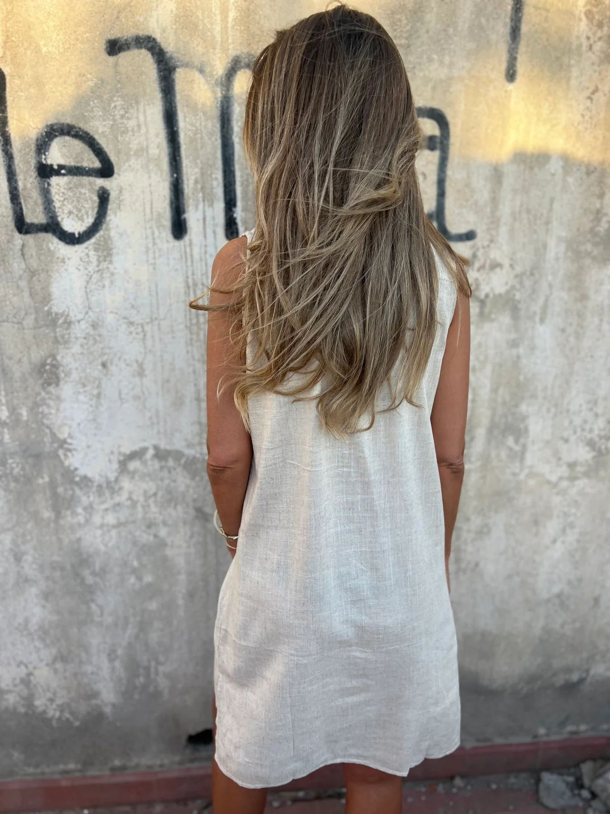 Vestido de algodón y lino de color liso para mujer-ES