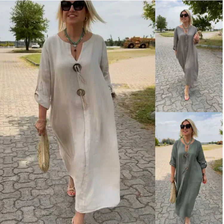 🎁👗Medvilnės ir lino suknelė V formos iškirpte-LT