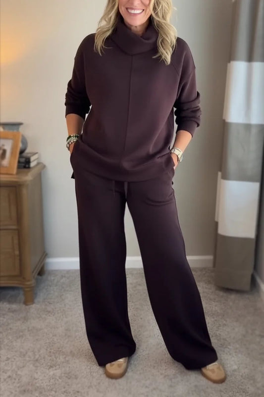 Conjunto de viaje de dos piezas para mujer con cuello alto, suéter con abertura lateral y pantalón casual🔥¡Nuevo!-ES