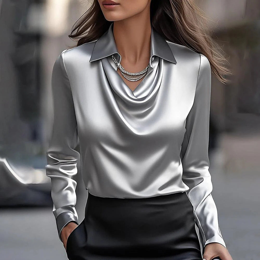 Elegantna satenska bluza s drapiranim dekolteom-HR