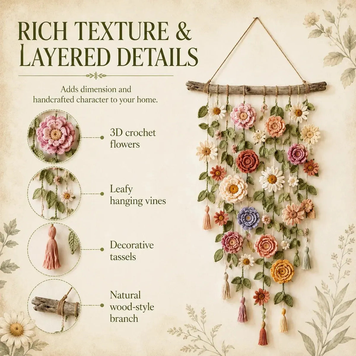 🌸Boho nėrimo gėlių sienos dekoras-LT