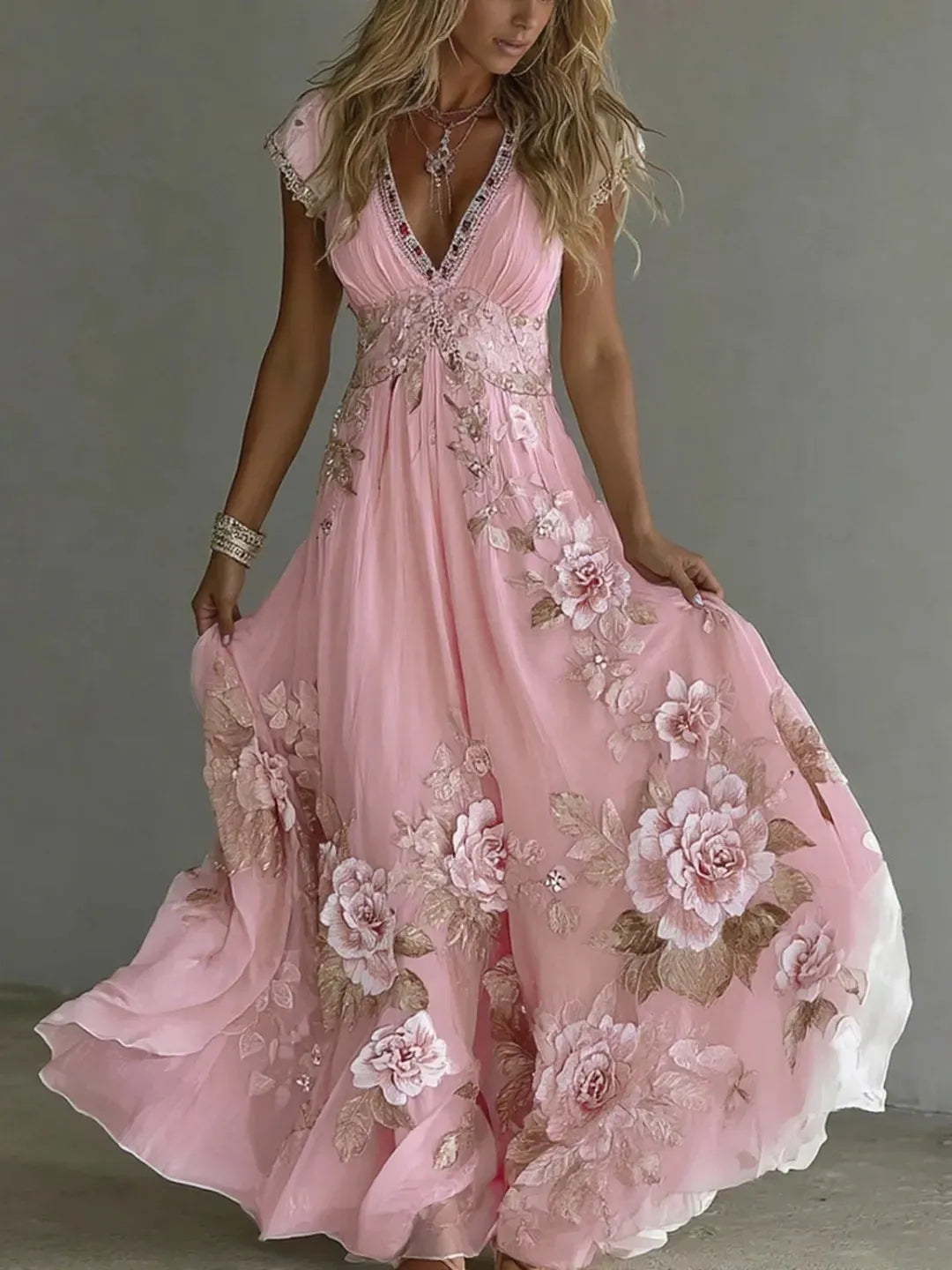 Ženska elegantna obleka iz šifona z globokim V-izrezom in vezeno čipko-SI