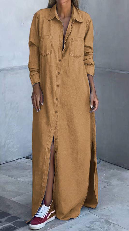 Vestido vaquero con mangas largas y solapas-ES