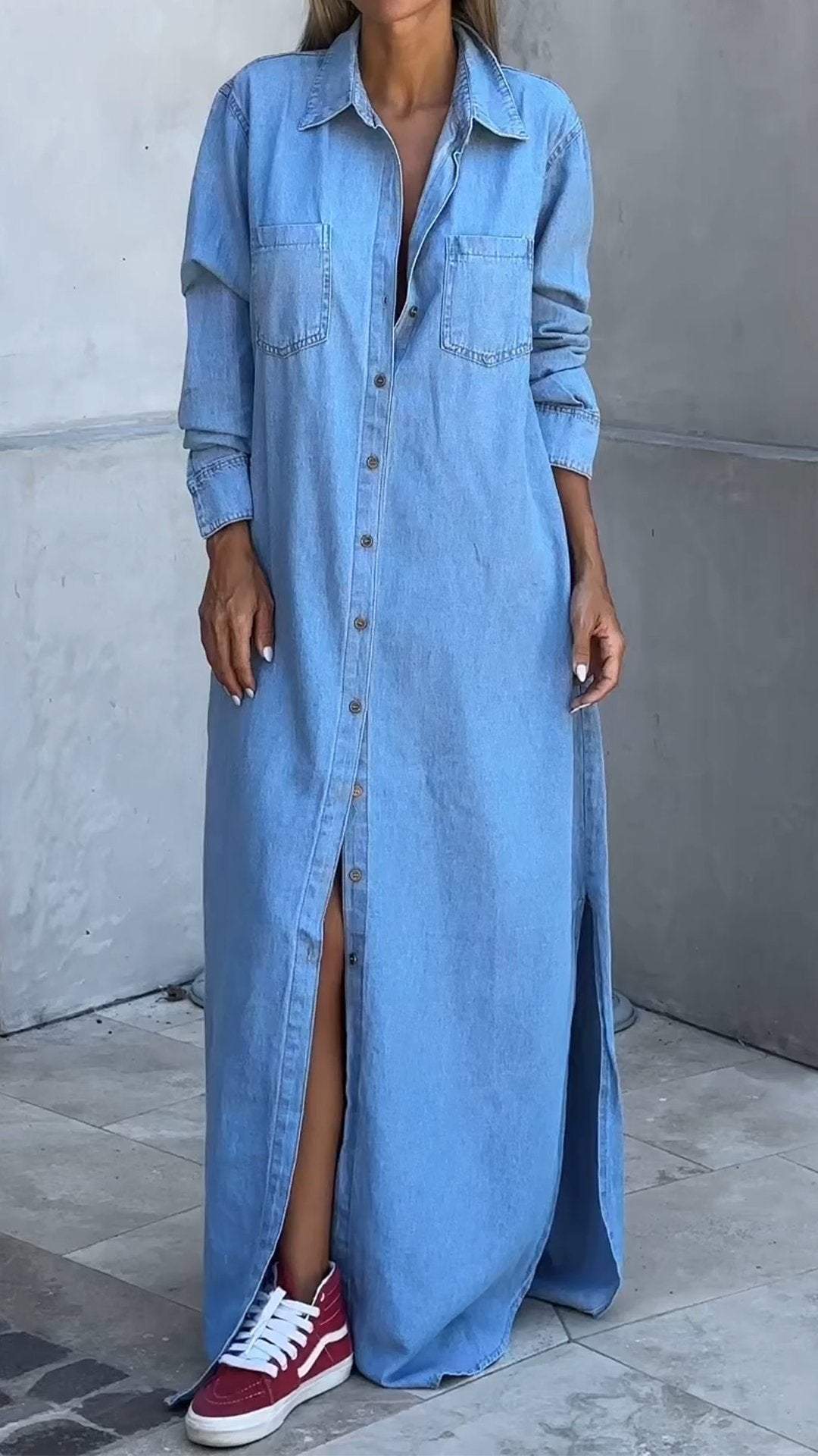 Vestido vaquero con mangas largas y solapas-ES