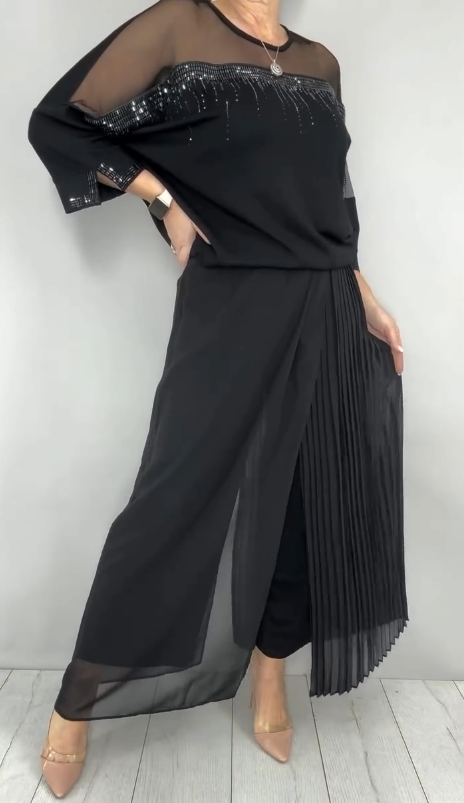Conjunto: top con paneles de malla y pantalón ancho plisado-ES