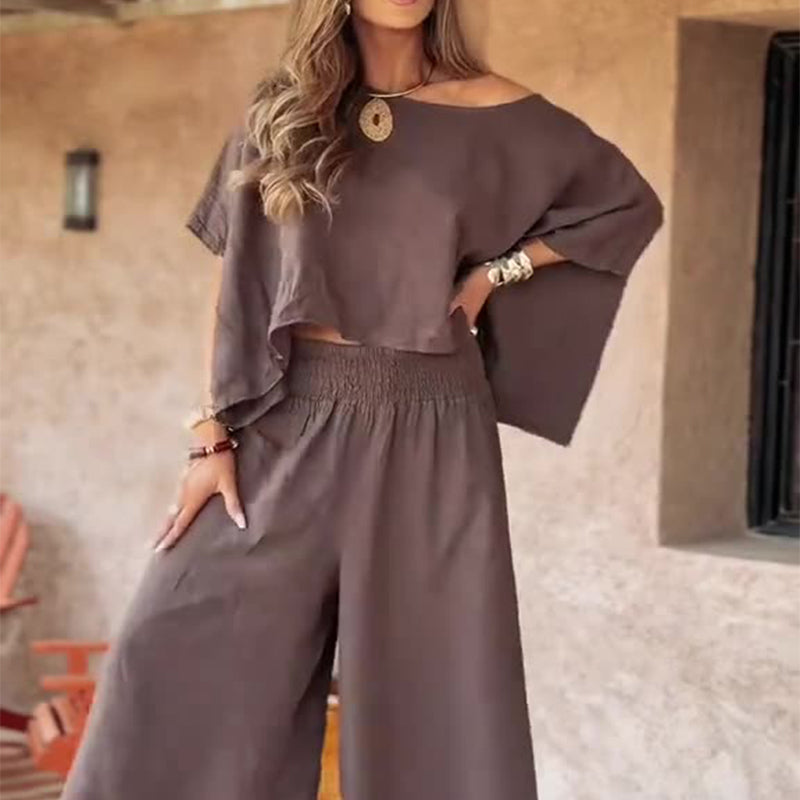 ⏳Oferta especial por tiempo limitado💕 Conjunto de dos piezas para mujer con top con hombros descubiertos y pantalón ancho-ES
