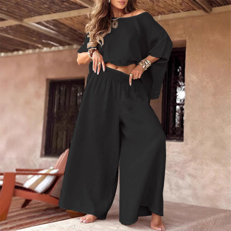 ⏳Oferta especial por tiempo limitado💕 Conjunto de dos piezas para mujer con top con hombros descubiertos y pantalón ancho-ES