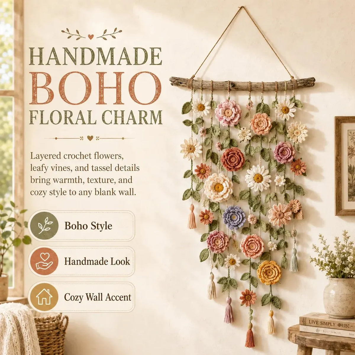 🌸Boho nėrimo gėlių sienos dekoras-LT