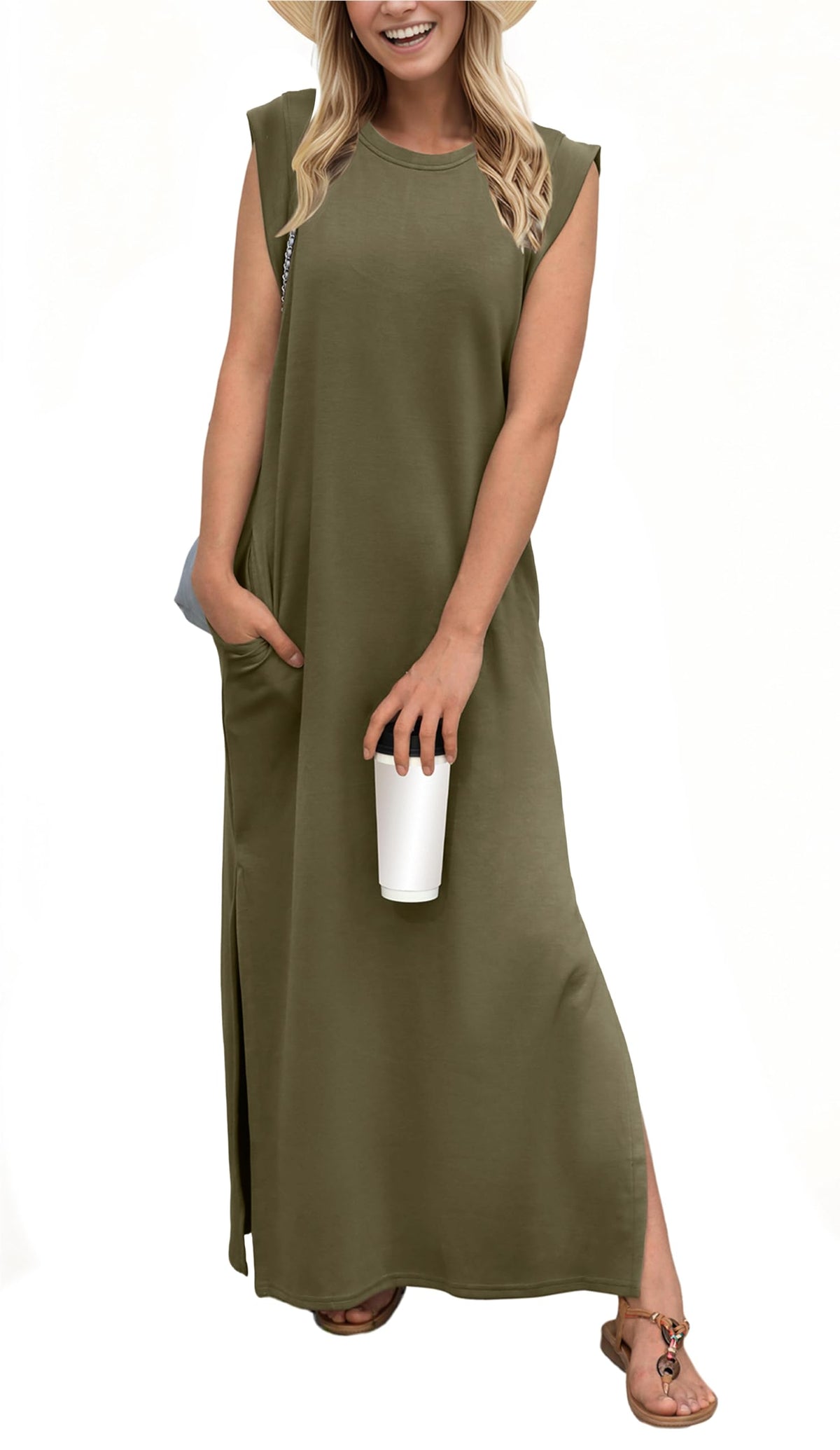Vestido largo holgado de mujer con abertura y sin pliegues.-ES