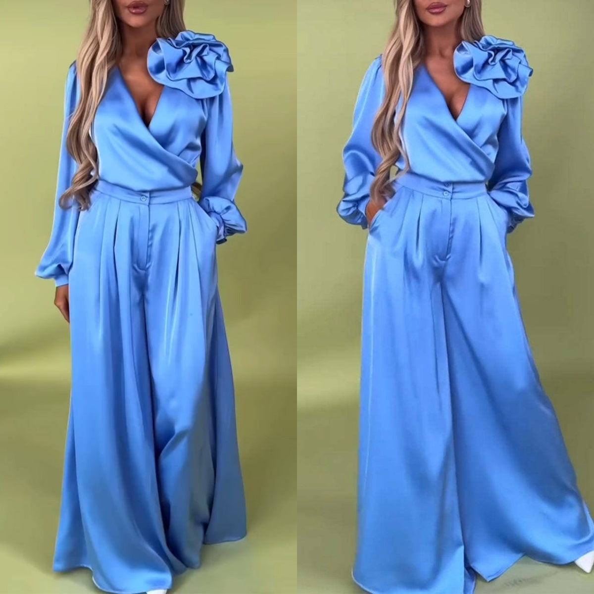 Lujoso conjunto con camisa de satén y pantalón ancho.-ES