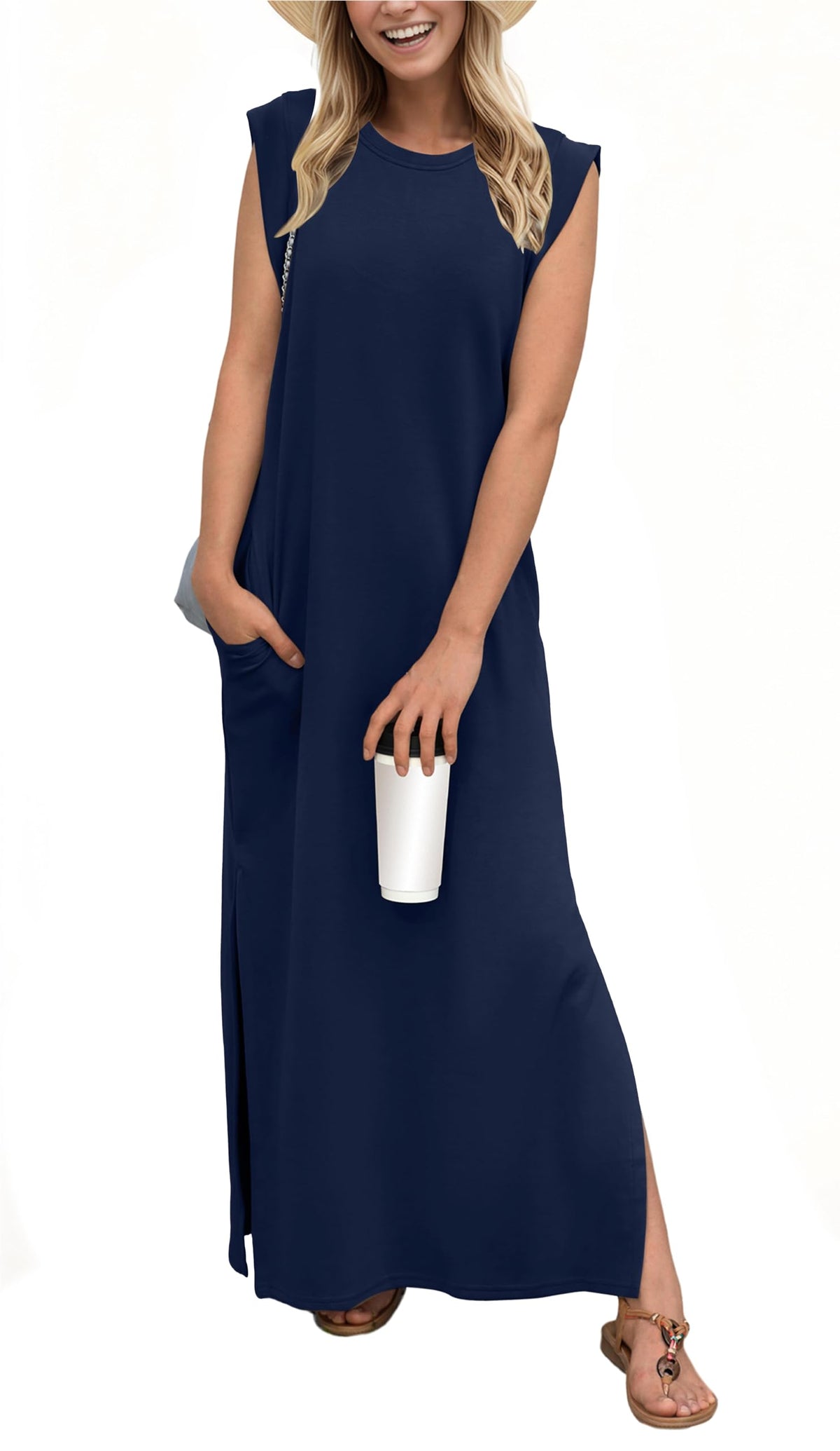 Vestido largo holgado de mujer con abertura y sin pliegues.-ES