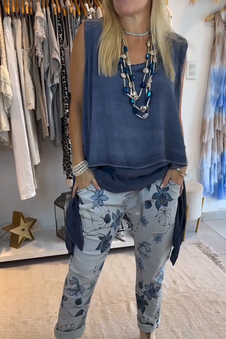 Pantalones de mujer con estampado de doble fondo, sin mangas, cuello redondo, color liso irregular-ES