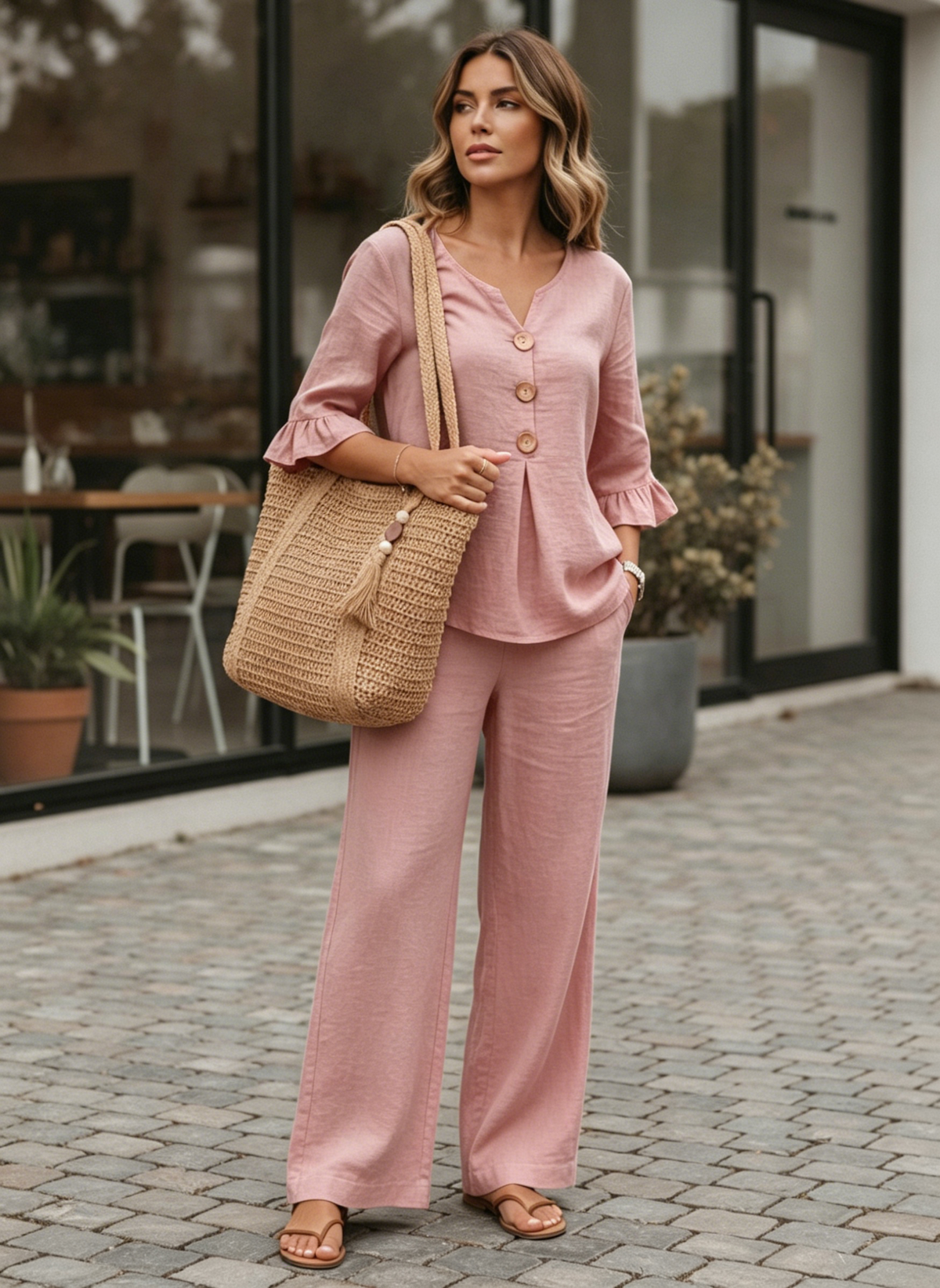 🔥S-2XL⌛️Ženski set: bluza s puf rukavima i široke hlače❤️-HR