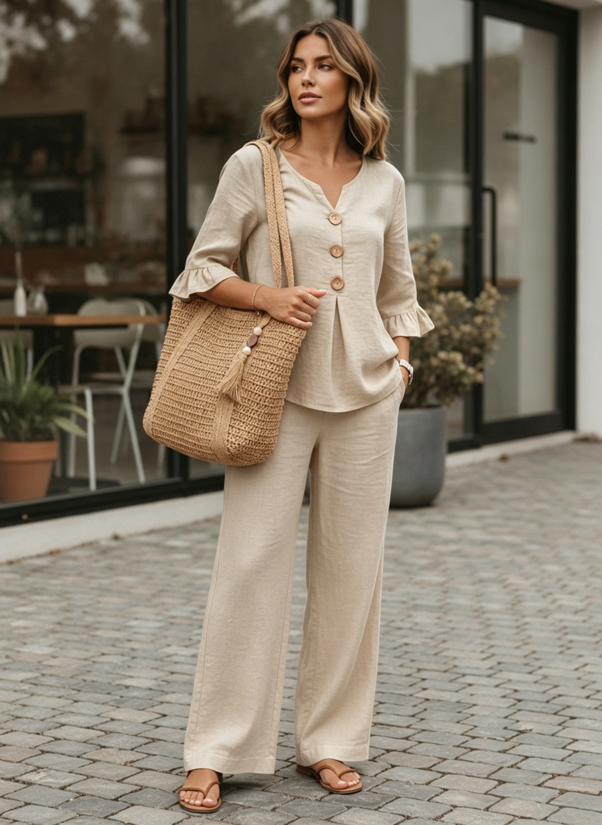 🔥S-2XL⌛️Ženski set: bluza s puf rukavima i široke hlače❤️-HR