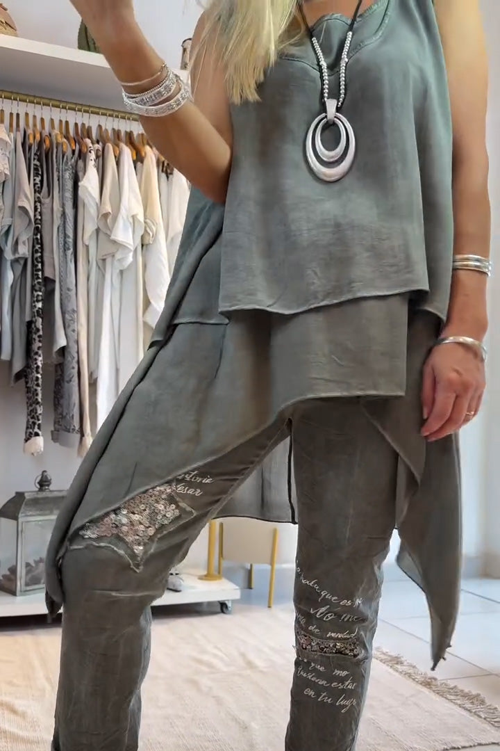 Pantalones de mujer con estampado de doble fondo, sin mangas, cuello redondo, color liso irregular-ES