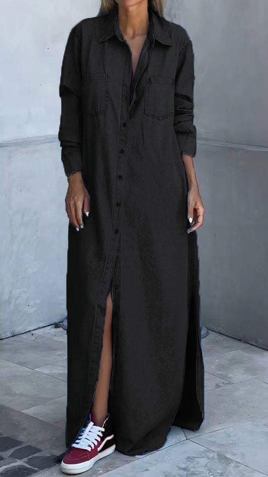 Vestido vaquero con mangas largas y solapas-ES