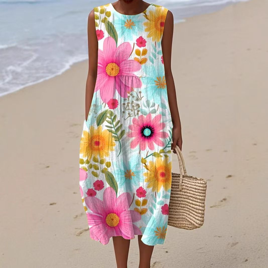 Vestido de verano sin mangas con escote redondo para mujer.-ES