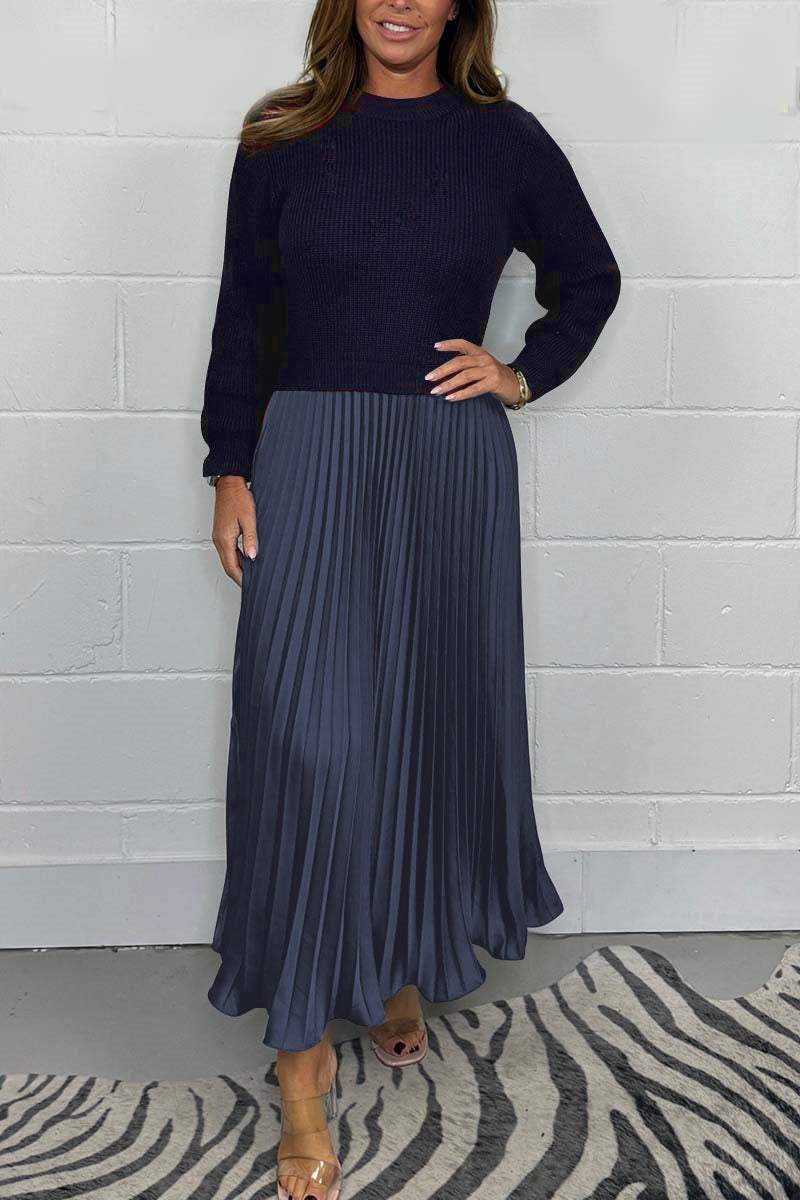Vestido plisado elegante y con estilo para mujer, con escote redondo-ES