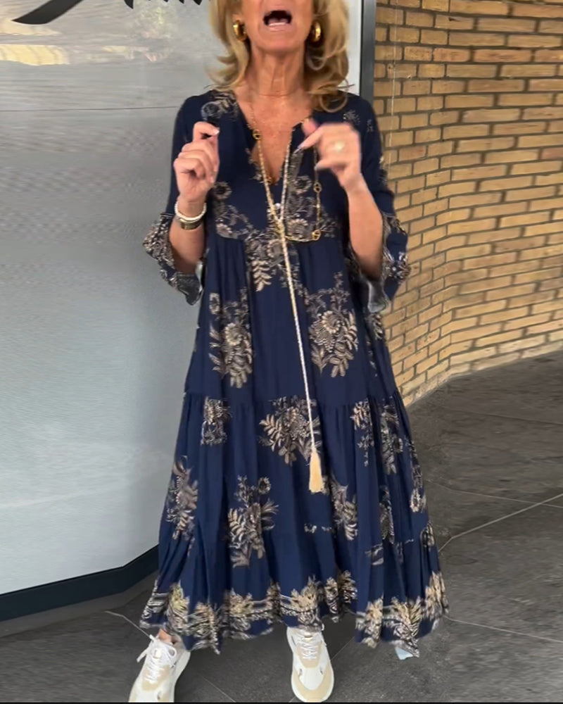 Vestido vintage con escote en pico y corte holgado.-ES