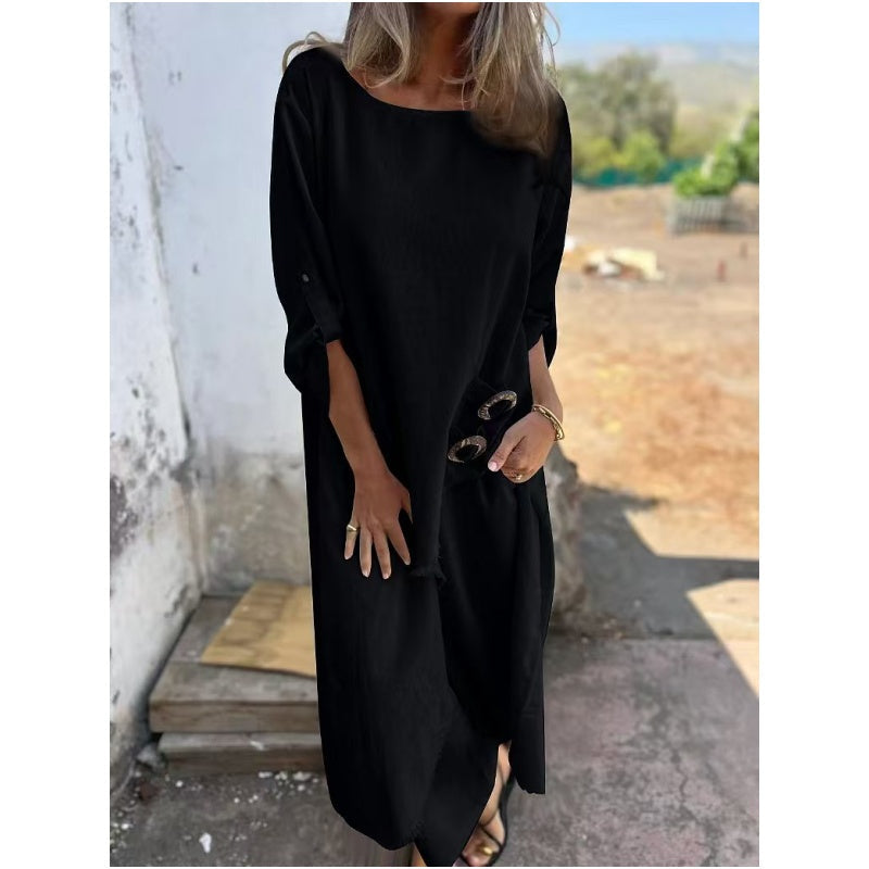 Conjunto de dos piezas de vestido y pantalón de algodón y lino para primavera y verano de 2025.-ES