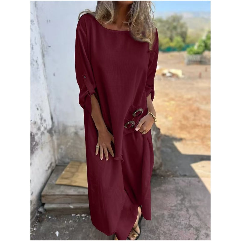 Conjunto de dos piezas de vestido y pantalón de algodón y lino para primavera y verano de 2025.-ES