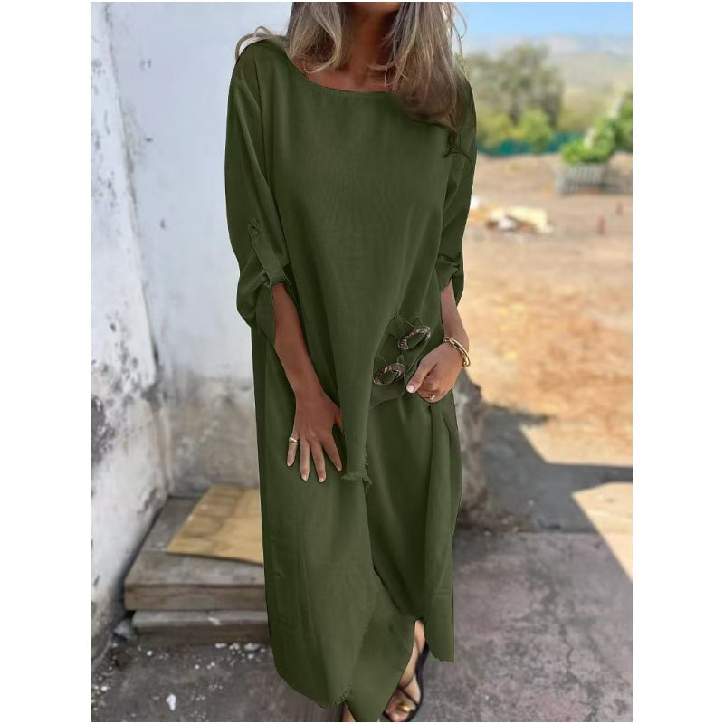 Conjunto de dos piezas de vestido y pantalón de algodón y lino para primavera y verano de 2025.-ES