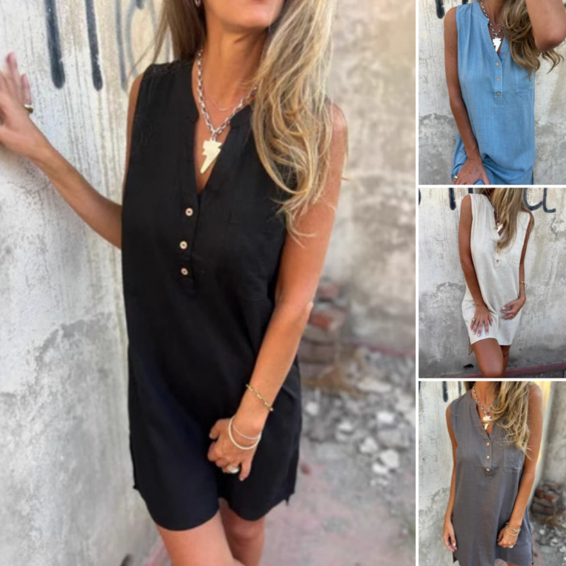 🔥Vestido de color liso con escote en V profundo, confeccionado en algodón y lino.-ES