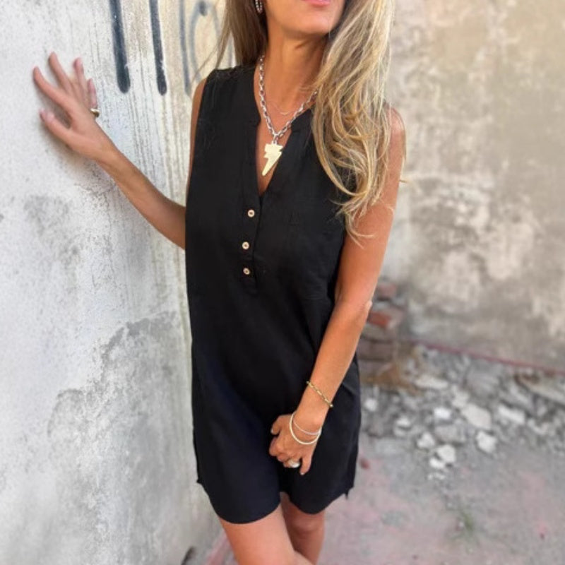 🔥Vestido de color liso con escote en V profundo, confeccionado en algodón y lino.-ES