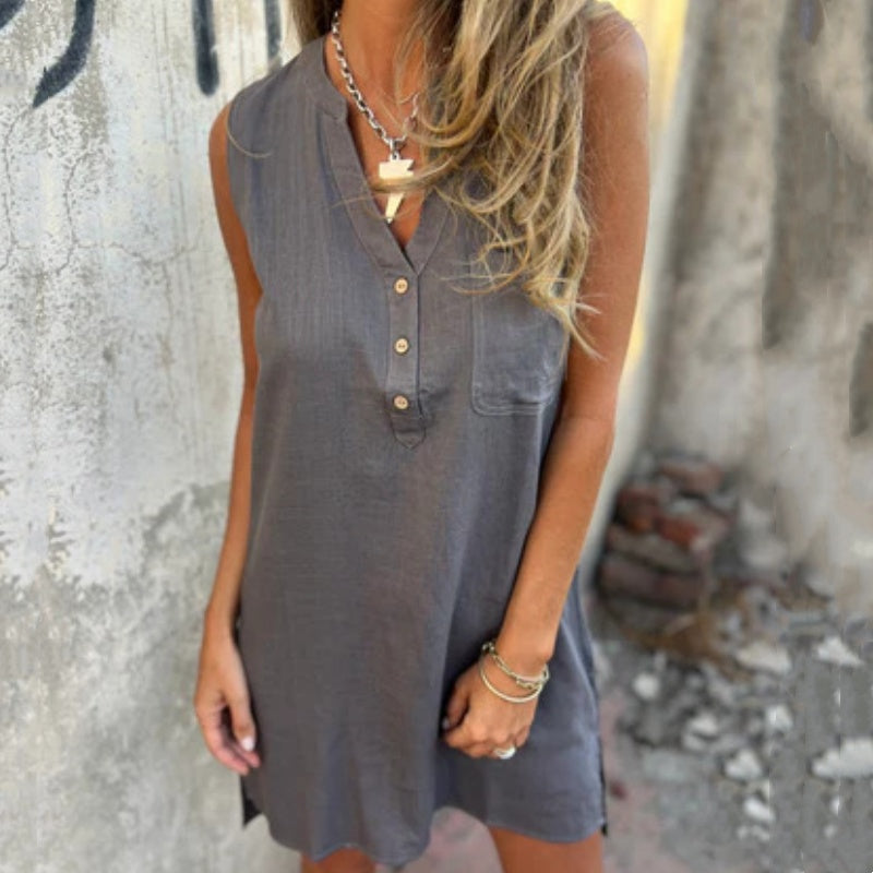 🔥Vestido de color liso con escote en V profundo, confeccionado en algodón y lino.-ES