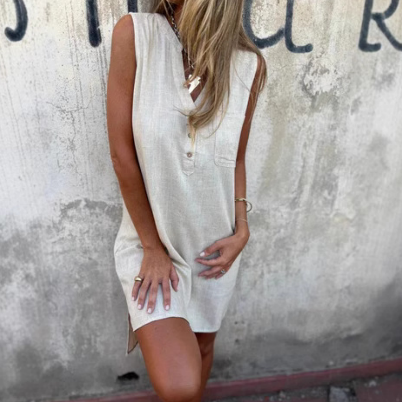 🔥Vestido de color liso con escote en V profundo, confeccionado en algodón y lino.-ES