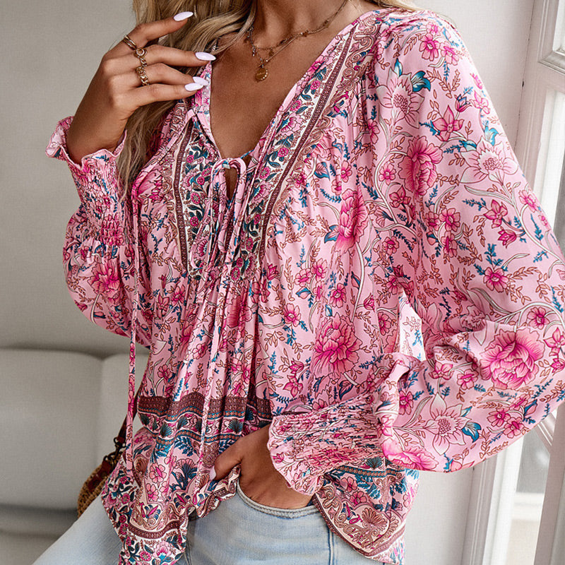 【S-2XL】🌺Camiseta estampada de manga larga con cuello en V para mujer-ES