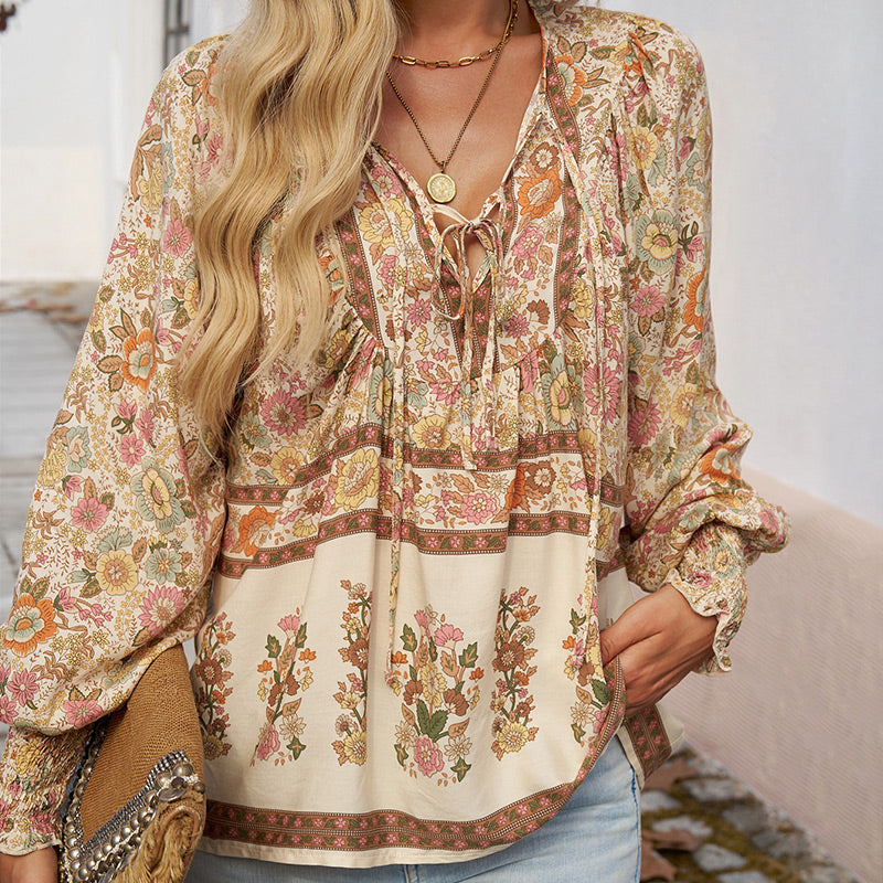 【S-2XL】🌺Camiseta estampada de manga larga con cuello en V para mujer-ES