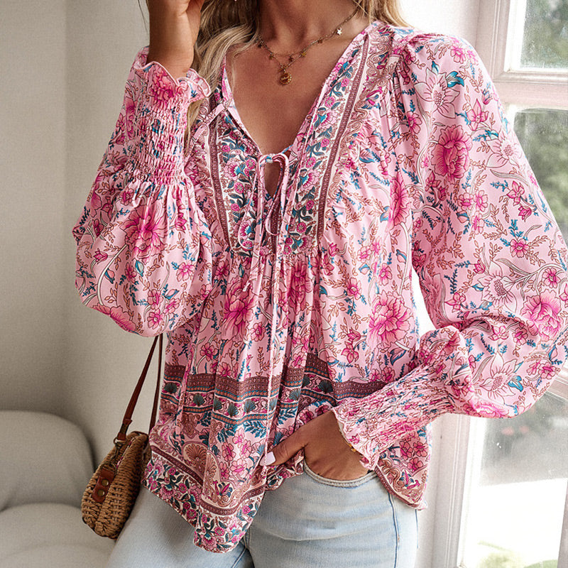 【S-2XL】🌺Camiseta estampada de manga larga con cuello en V para mujer-ES