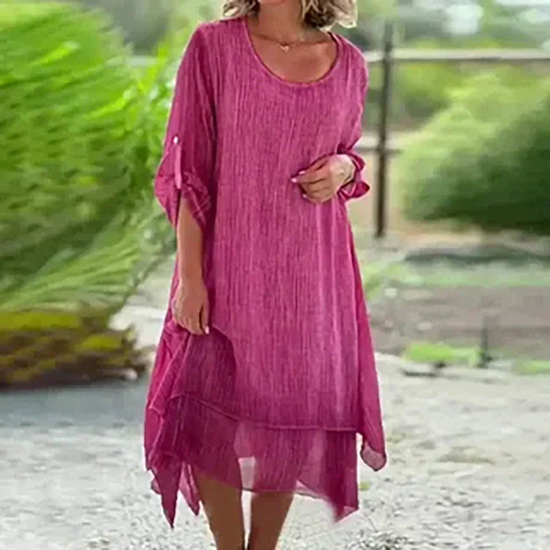 💕Dámske elegantné jednofarebné šaty voľného strihu s okrúhlym výstrihom-SK