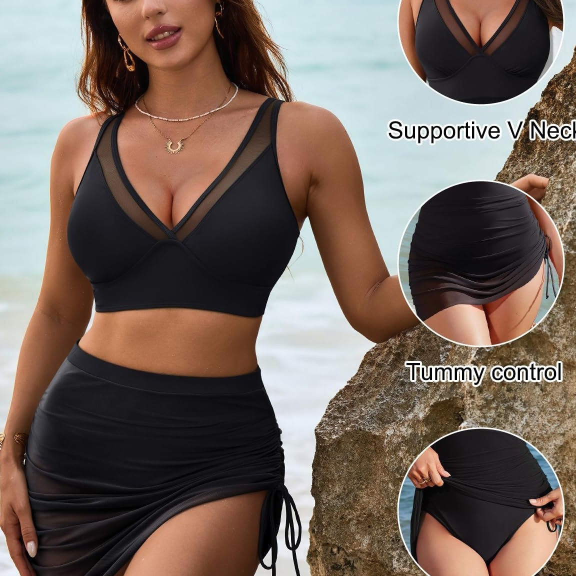 👙Aukšto juosmens tinklinio bikinio komplektas-LT