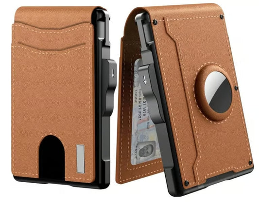 🎁 Cartera AirTag para hombre: funda de aluminio plegable, clip para billetes, compartimentos delgados de cuero, tarjetero, bloqueo RFID, cartera minimalista plegable.-ES